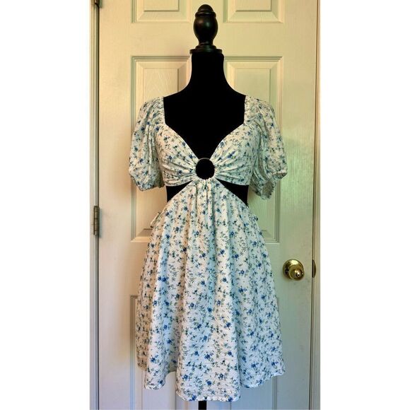 Sky to The Moon Blue & Ivory Floral Print Puff Sleeve Cutout Mini Dress Medium - Picture 2 of 8
